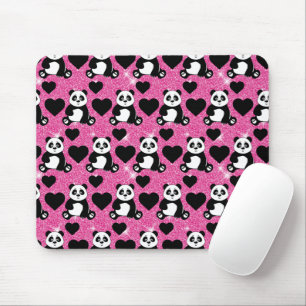 Panda Bear Animal Lover Black Hearts Pink Glitter Mouse Pad