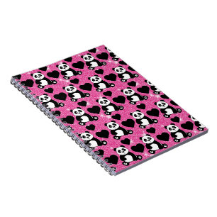 Panda Bear Animal Lover Black Hearts Pink Glitter Notebook