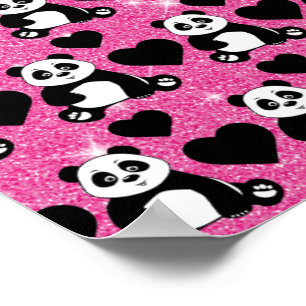 Panda Bear Animal Lover Black Hearts Pink Glitter Poster