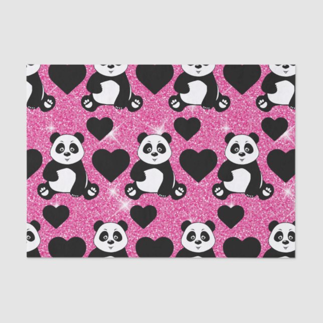 Panda Bear Animal Lover Black Hearts Pink Glitter Tissue Paper (Front)