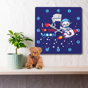 Panda bear astronaut space rocket cute kawaii kids square wall clock