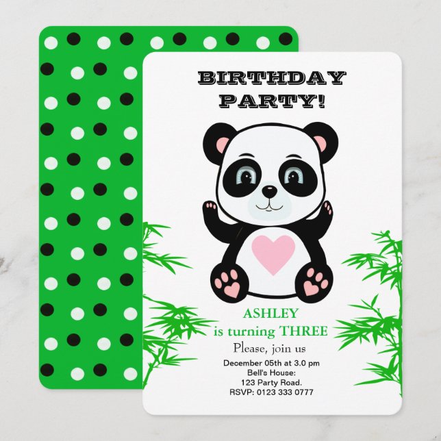 Panda Bear & Bamboo Plant Kids Birthday Invitation (Front/Back)