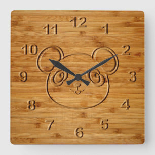 Panda Bear Carved Bamboo Print Square Wall Clock