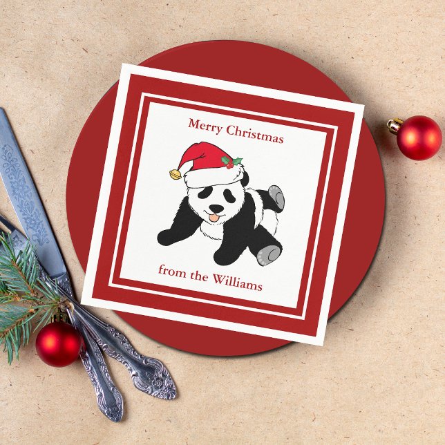Panda Bear Christmas Cute Custom Red Party Napkin (Creator Uploaded)