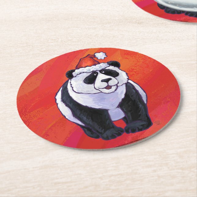Panda Bear Christmas On Red Round Paper Coaster (Angled)
