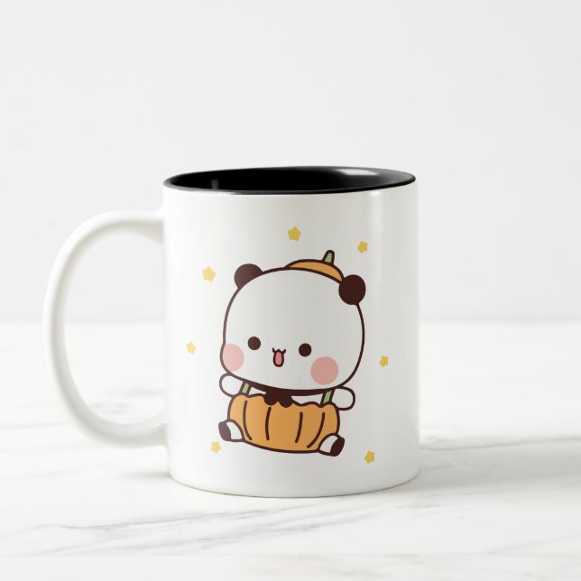 Panda bear couple, Cute bubu and dudu hugs love Two-Tone Coffee Mug (Left)