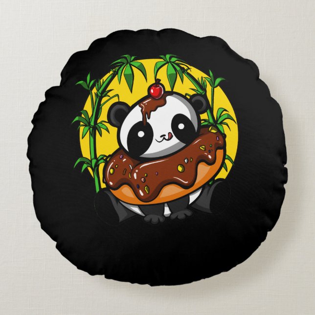 Panda Bear Doughnut Lover Animal Round Cushion (Front)