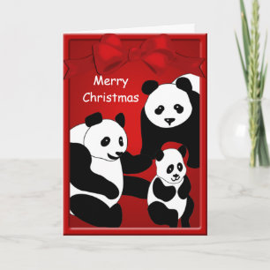 Panda Bear Family Three Merry Christmas Greeting Holiday Card