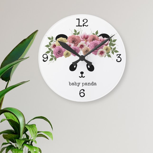 Panda Bear Girl Floral Crown Personalised Large Clock (Pretty Panda Wall Clock with space for your name)