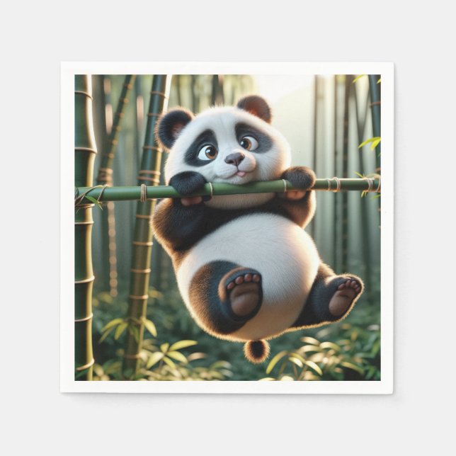 Panda Bear Hanging From a Bamboo Branch Napkin (Front)
