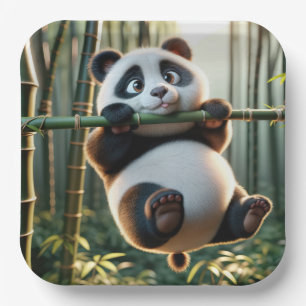 Panda Bear Hanging From a Bamboo Branch Paper Plate