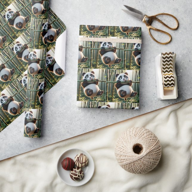 Panda Bear Hanging From a Bamboo Branch Wrapping Paper (Crafts)