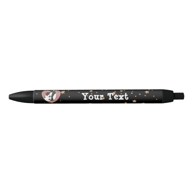 Panda Bear Heart Gold Stars Name Black Ink Pen (Front)