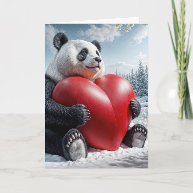 Panda Bear Hugging a Big red Heart Holiday Card (Front)