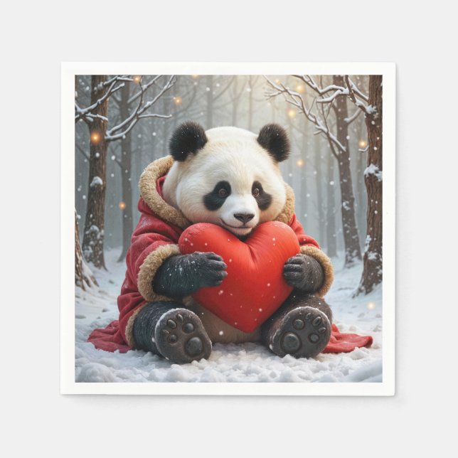 Panda Bear Hugging a Red Heart Pillow Napkin (Front)