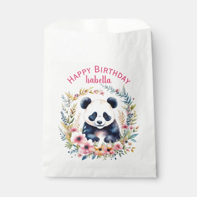 Panda Bear in Flowers Girl's Birthday Personalised Favour Bag (Front)