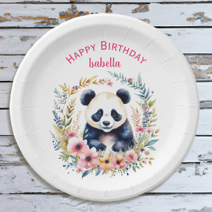 Panda Bear in Flowers Girl's Birthday Personalised Paper Plate
