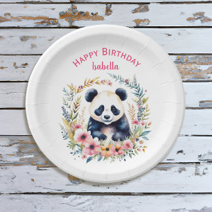 Panda Bear in Flowers Girl's Birthday Personalised Paper Plate