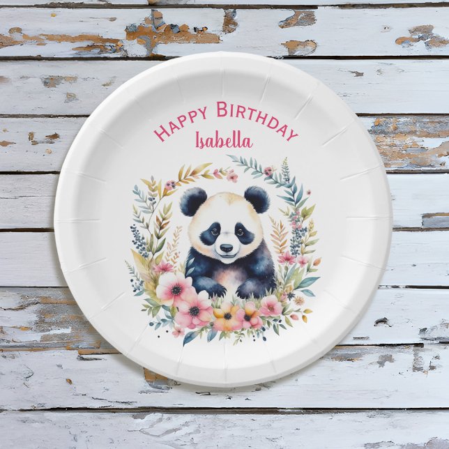 Panda Bear in Flowers Girl's Birthday Personalised Paper Plate (Creator Uploaded)