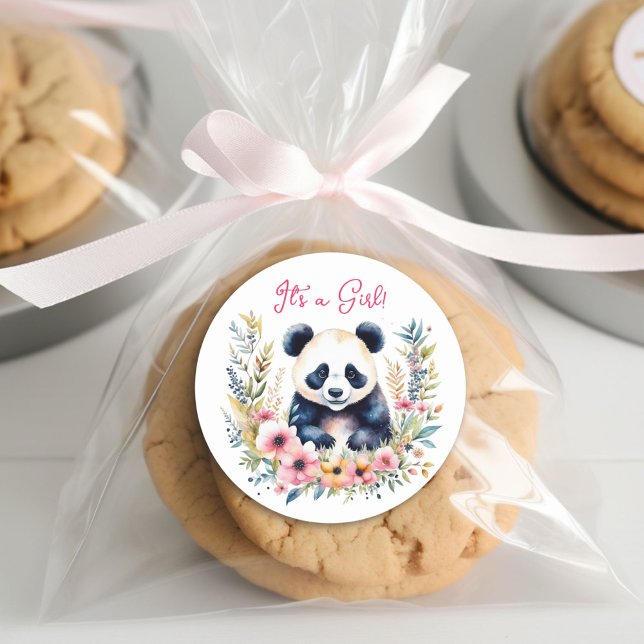 Panda Bear in Flowers Girl's It's a Girl Classic Round Sticker (Creator Uploaded)
