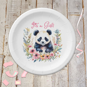 Panda Bear in Flowers Girl's It's a Girl Paper Plate