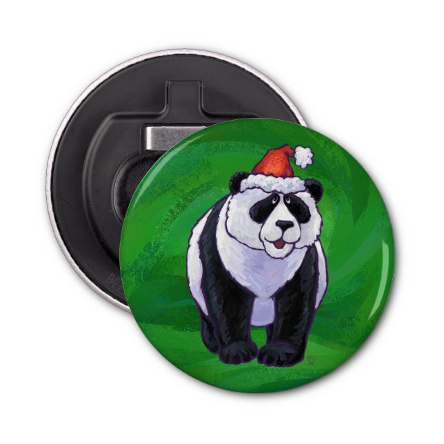 Panda Bear in Santa Hat on Green Bottle Opener (Front)