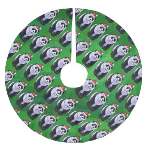 Panda Bear in Santa Hat on Green Brushed Polyester Tree Skirt