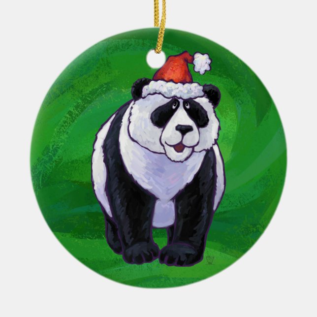 Panda Bear in Santa Hat on Green Ceramic Ornament (Front)