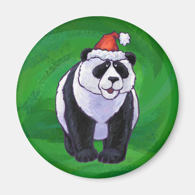 Panda Bear in Santa Hat on Green Magnet (Front)