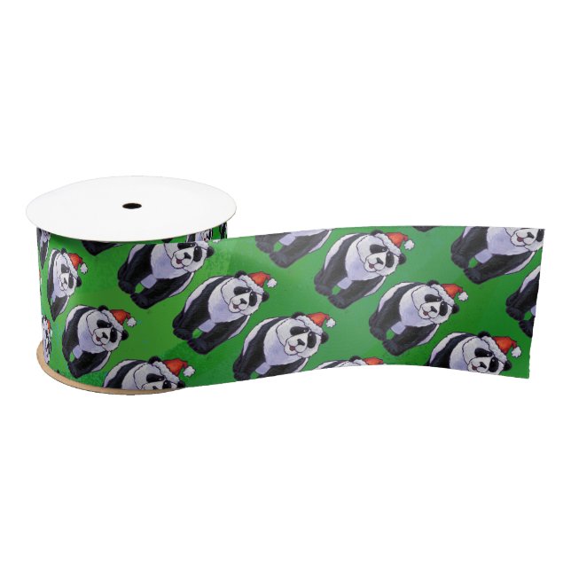 Panda Bear in Santa Hat on Green Satin Ribbon (Spool)