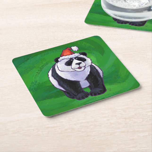 Panda Bear in Santa Hat on Green Square Paper Coaster (Angled)