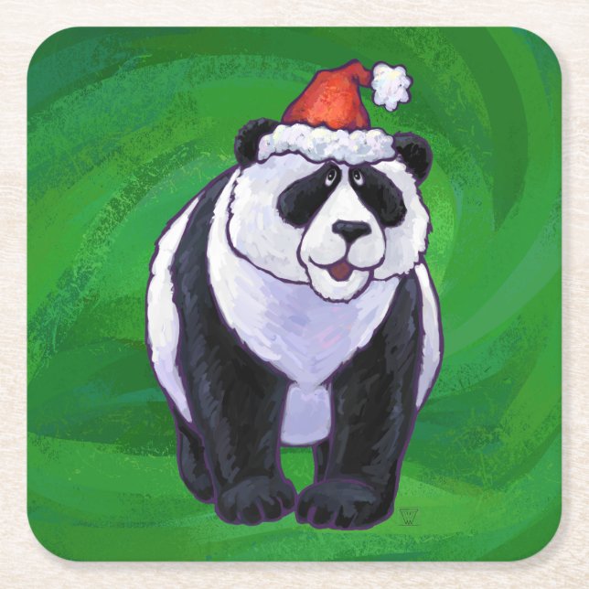 Panda Bear in Santa Hat on Green Square Paper Coaster (Front)