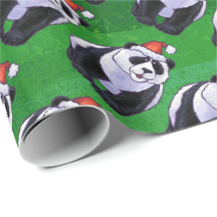 Panda Bear in Santa Hat on Green Wrapping Paper