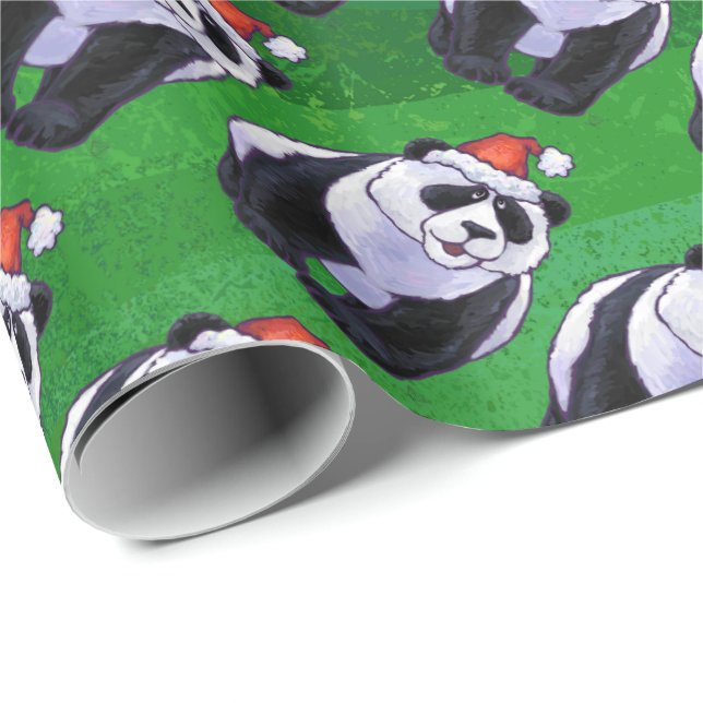 Panda Bear in Santa Hat on Green Wrapping Paper (Roll Corner)