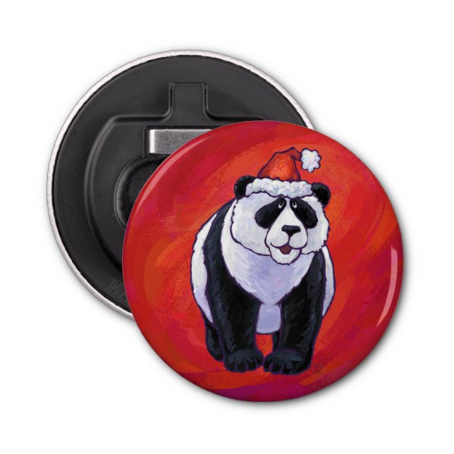Panda Bear in Santa Hat On Red Bottle Opener (Front)