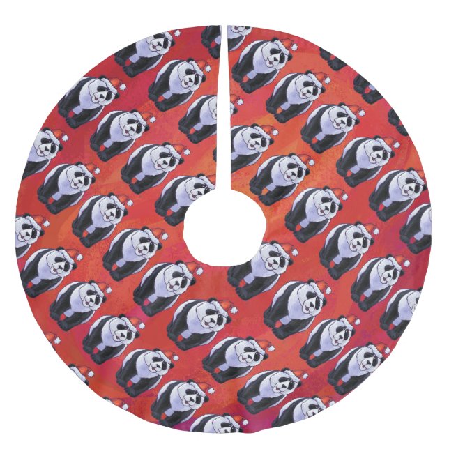 Panda Bear in Santa Hat On Red Brushed Polyester Tree Skirt (Front)