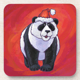 Panda Bear in Santa Hat On Red Coaster