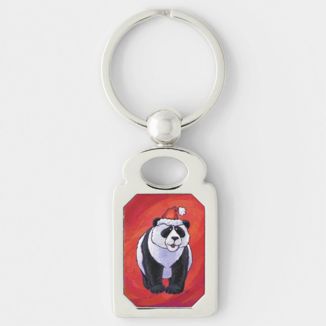 Panda Bear in Santa Hat On Red Key Ring (Front)