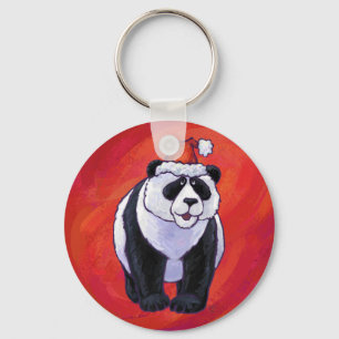 Panda Bear in Santa Hat On Red Key Ring