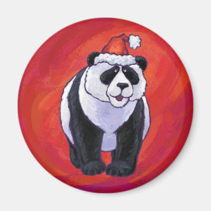 Panda Bear in Santa Hat On Red Magnet