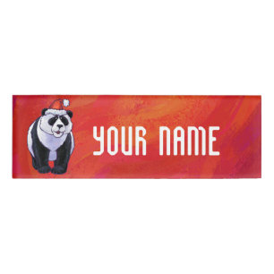 Panda Bear in Santa Hat On Red Name Tag