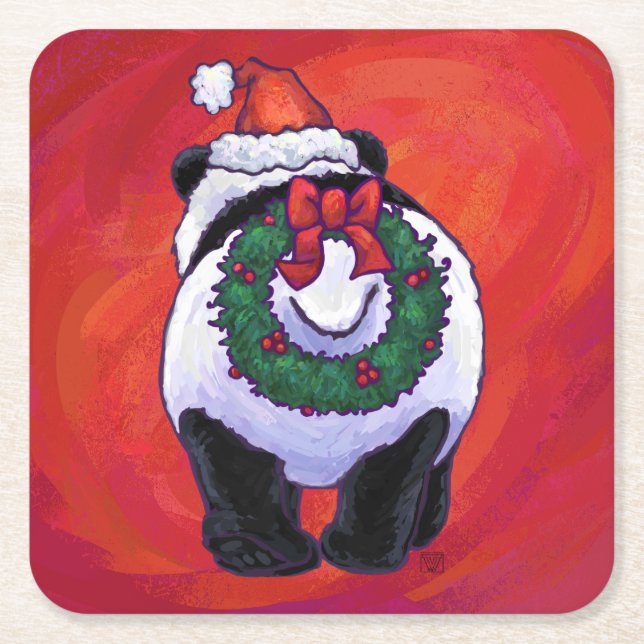 Panda Bear in Santa Hat On Red Square Paper Coaster (Front)