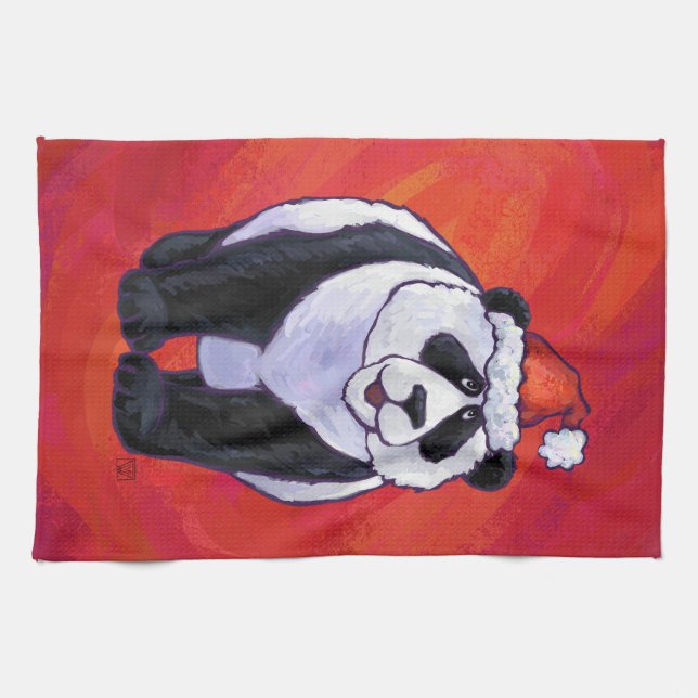 Panda Bear in Santa Hat On Red Tea Towel (Horizontal)