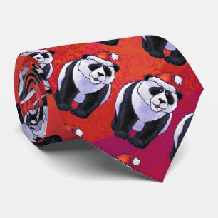 Panda Bear in Santa Hat On Red Tie