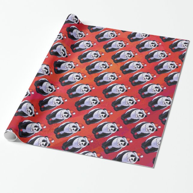 Panda Bear in Santa Hat On Red Wrapping Paper (Unrolled)