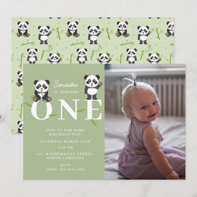 Panda Bear Kawaii Kids First One Birthday Photo Invitation (Front/Back)
