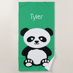 Panda Bear Kawaii Personalised Kids Green Beach Towel