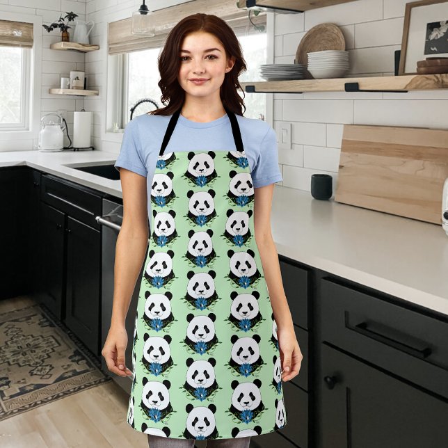 Panda Bear Lotus Flower Blue Apron (Creator Uploaded)