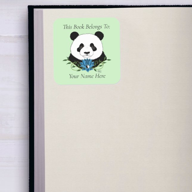 Panda Bear Lotus Flower Blue Bookplate Square Sticker (Creator Uploaded)