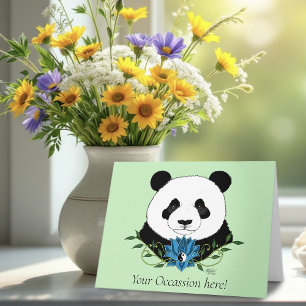 Panda Bear Lotus Flower Blue Card